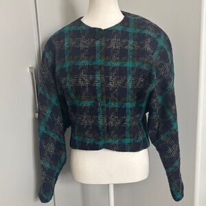 Vintage Wool Plaid Button-Up Cropped Jacket